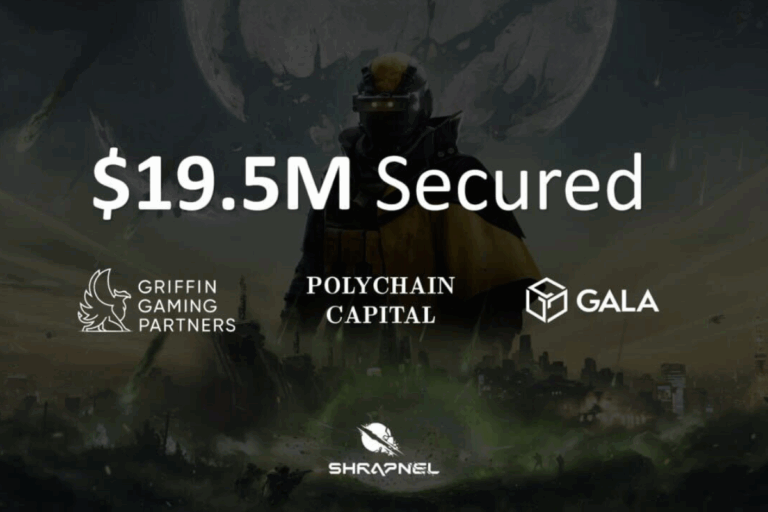 shrapnel cover art with $19.5M secured text and logos of GALA, Griffin Gaming Partners, and Polychain Capital