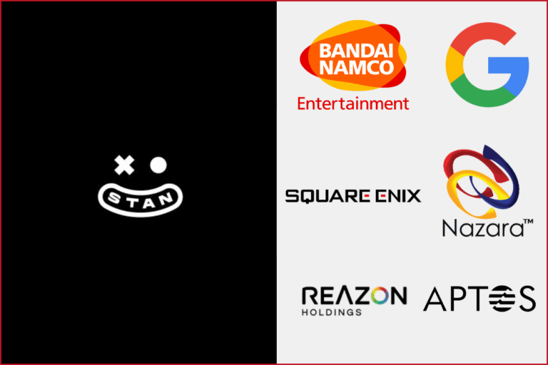 stan logo on the left, bandai namco, square enix, google, nazara, aptos logos on the right
