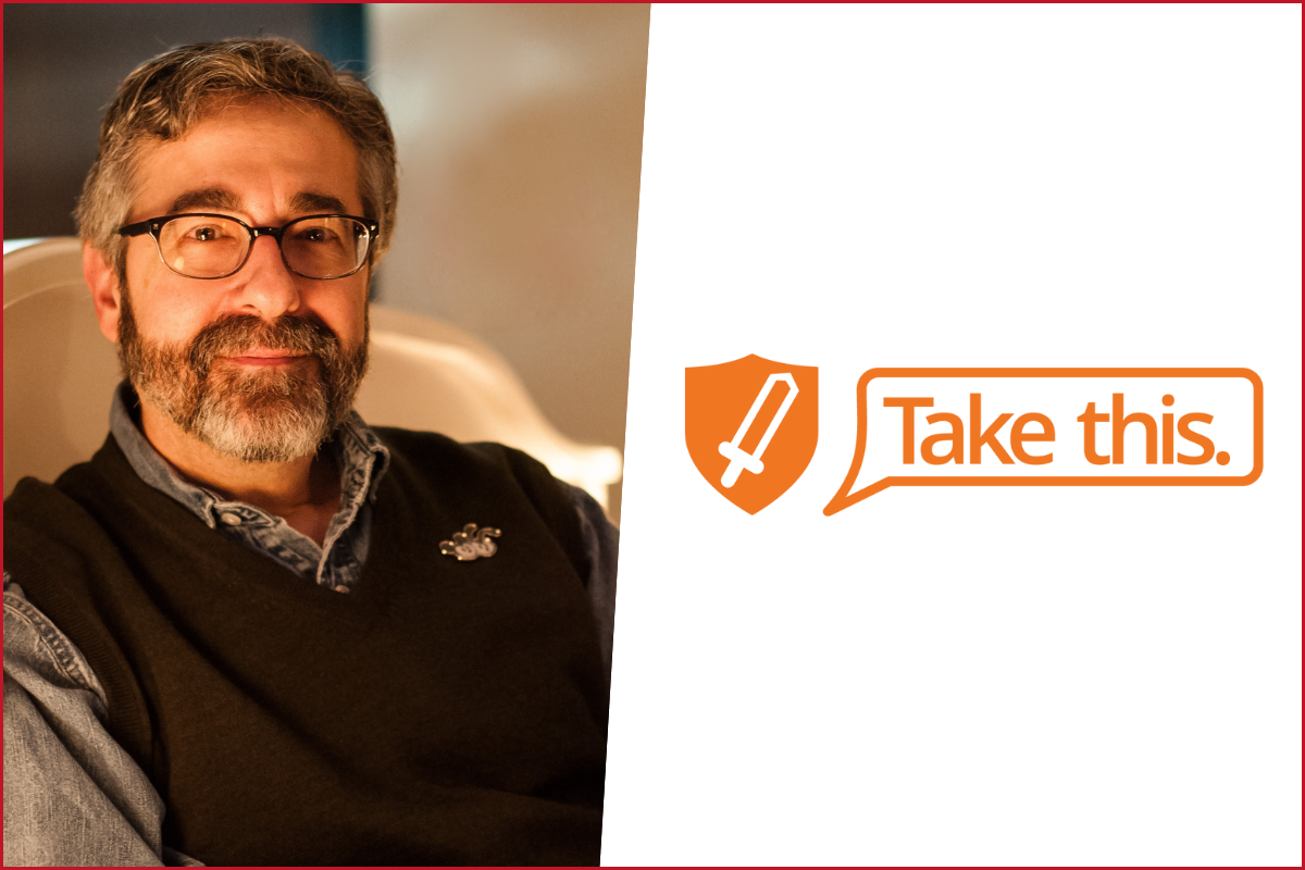 photo of warren spector on the left and logo on take this on the right