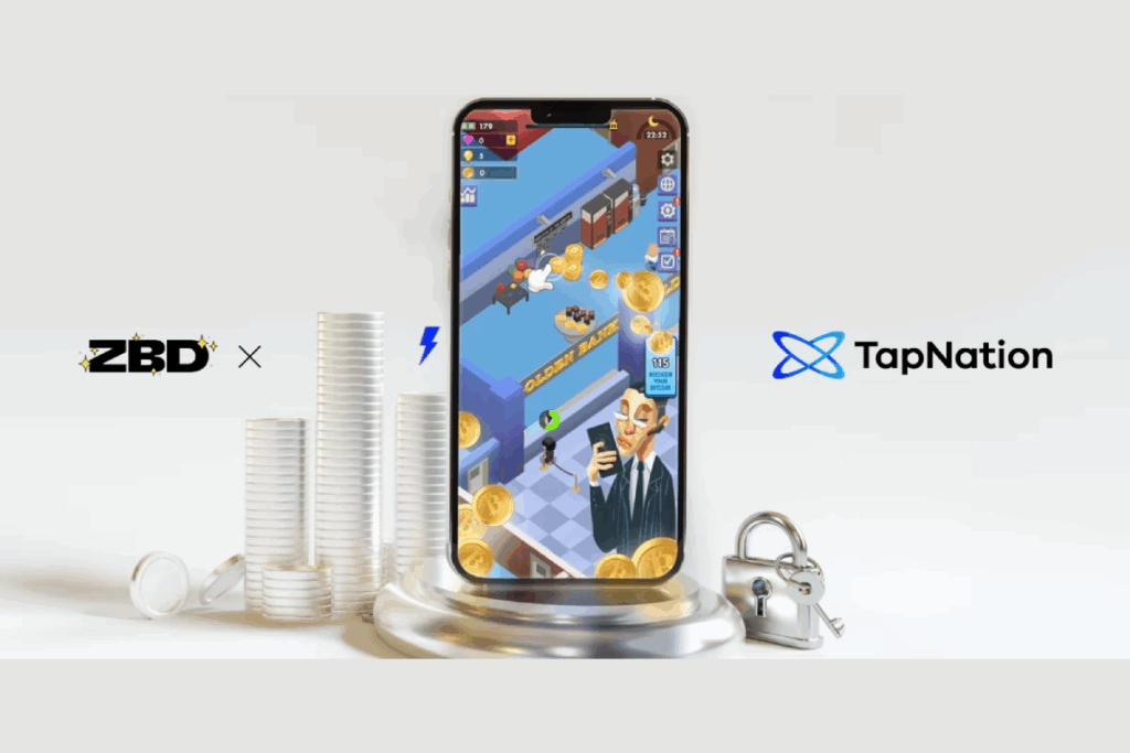 zbd logo on the left, tapnation logo on the right, a mobile phone and a game footage inside the phone screen in the middle.