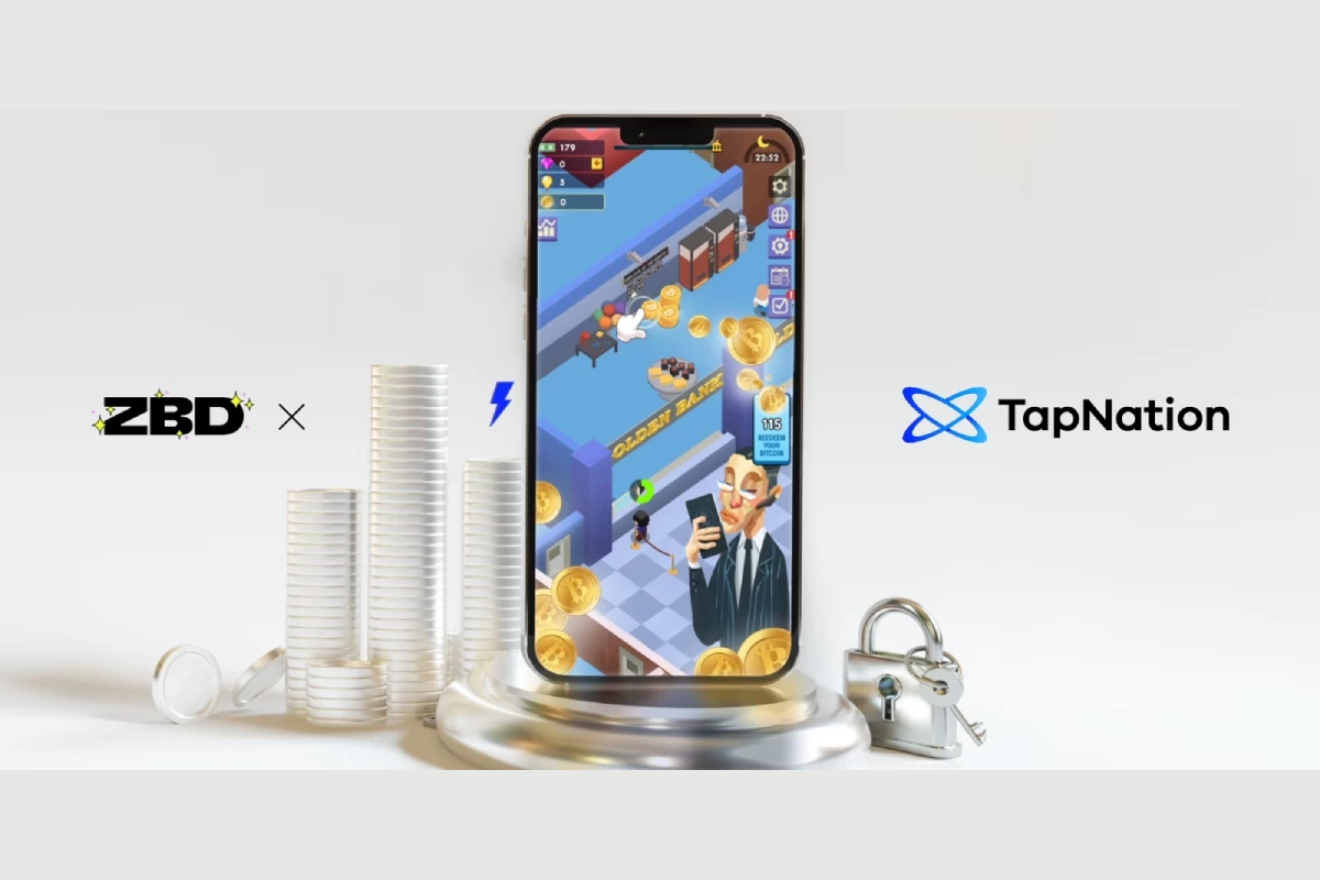 zbd logo on the left, tapnation logo on the right, a mobile phone and a game footage inside the phone screen in the middle.