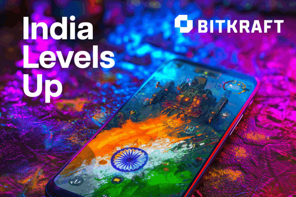 a phone screen with galaxy like visual on it. BITKRAFT ventures logo on top right. "India Levels Up" text on top left