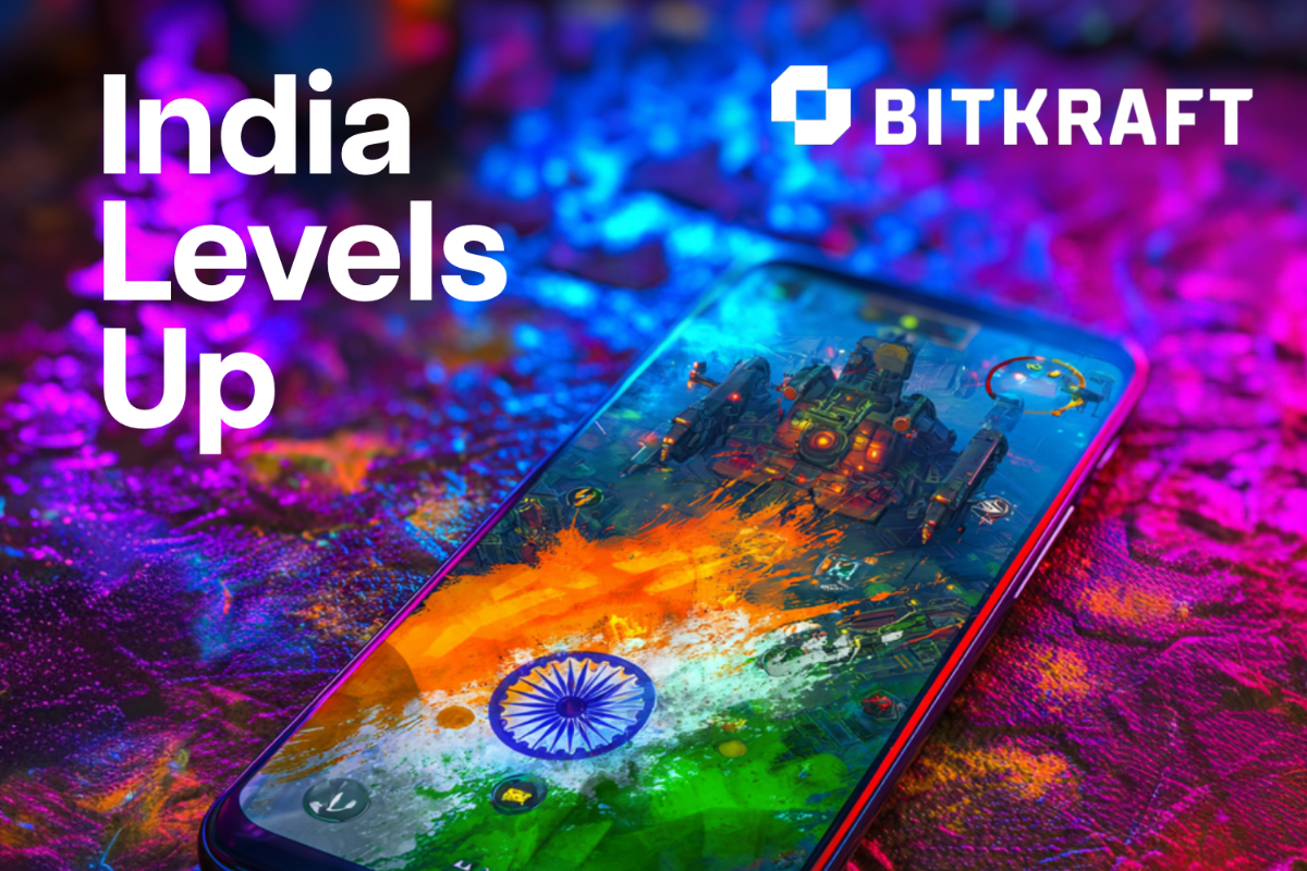 a phone screen with galaxy like visual on it. BITKRAFT ventures logo on top right. "India Levels Up" text on top left