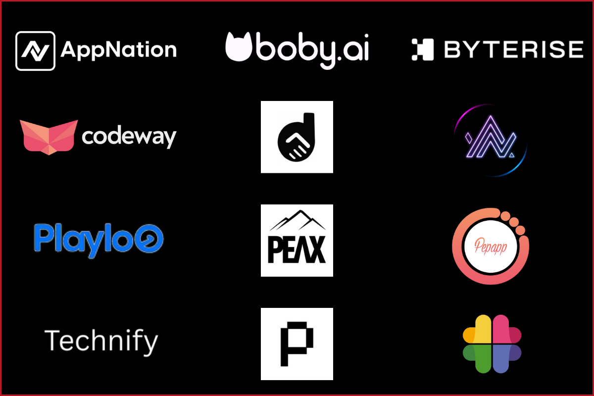 app publisher company logos for mobidictum conference 2025: appnation, boby.ai, byterise, codeway,playloo, technify, peax, pixelbyte,neon apps, pepapp, vlmedia,