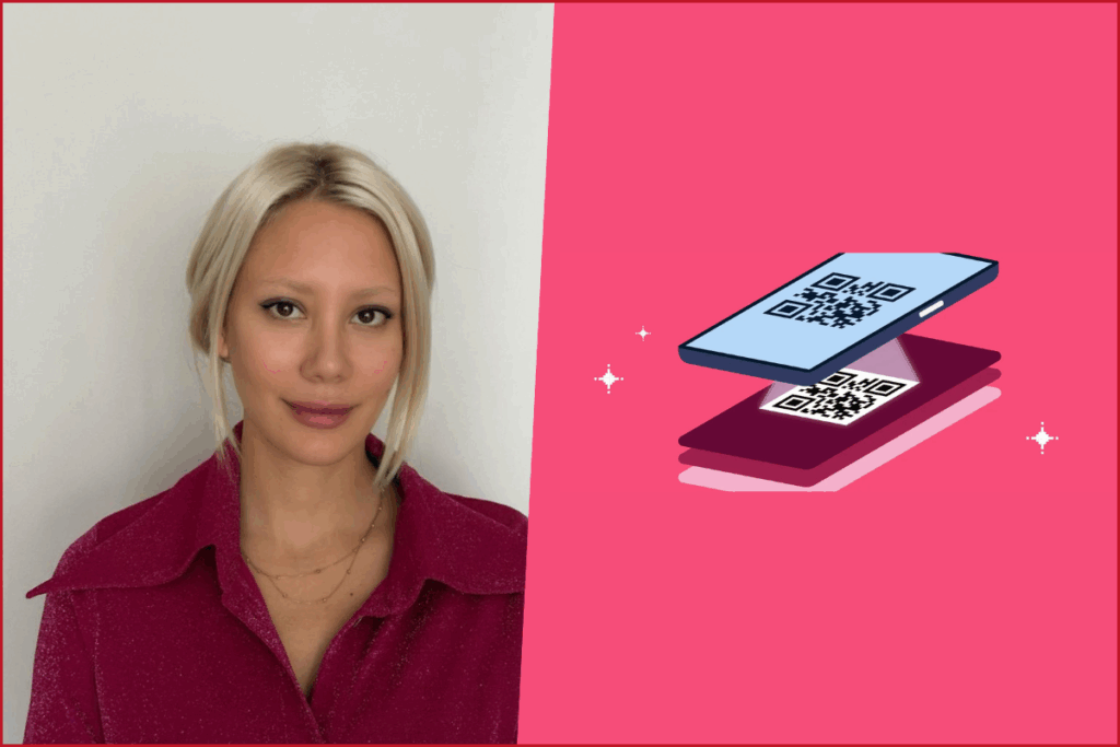 sol tarafta başak zerman'ın fotoğrafı, sağ tarafta qr kod ilistrasyonu