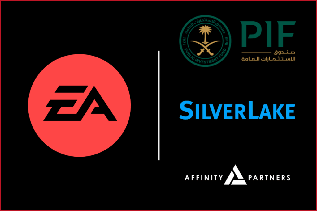 logo of EA on the left, logos of PIF, Silver Lake and AFfinitiy Partners top the bottom on the right