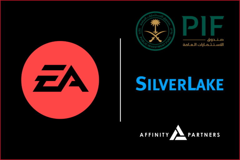 logo of EA on the left, logos of PIF, Silver Lake and AFfinitiy Partners top the bottom on the right