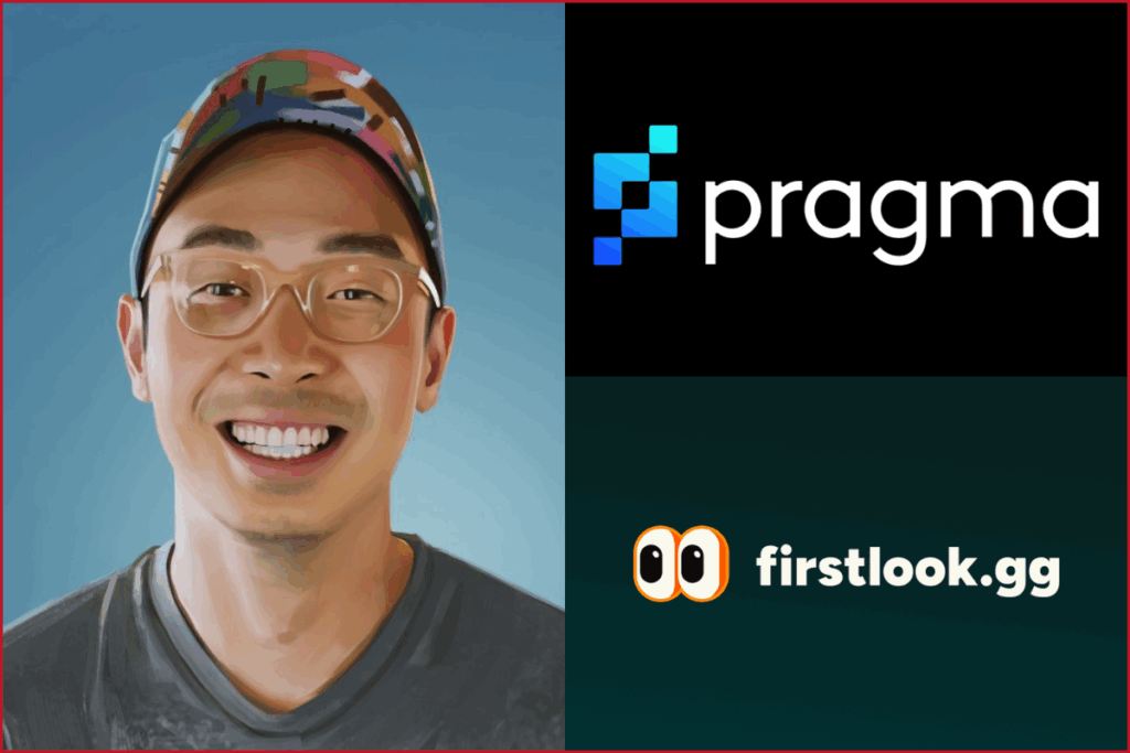 eden chen photo on the left, pragma.gg logo on the right top side and below it firstlook.gg logo