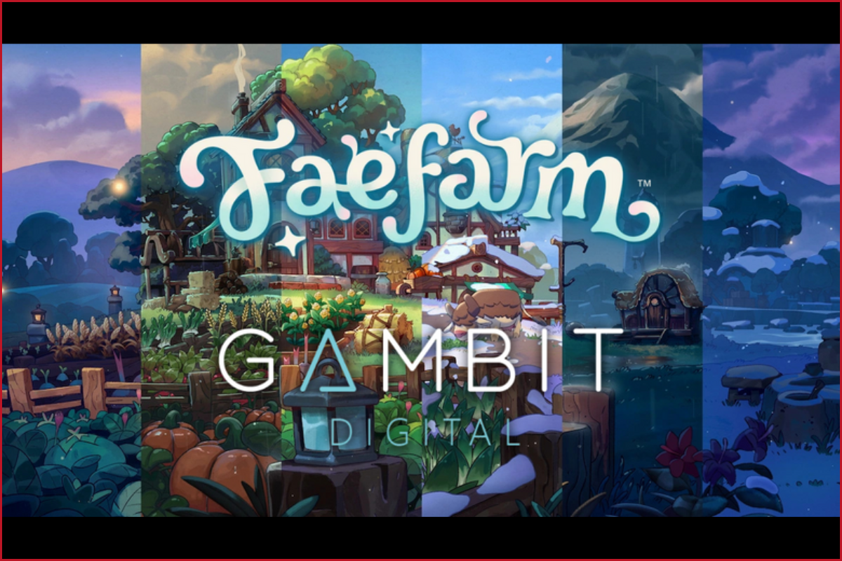 Fae Farm cover art in the background, game's logo and Gambit Digital's logo in the front