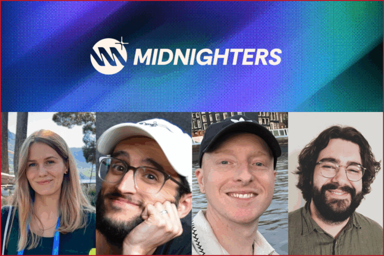 midnighters logo on top, co-founder photos on bottom from left to right: Zea Wolfe, Aaron Oak, Jair McBain, Jacob Vincent