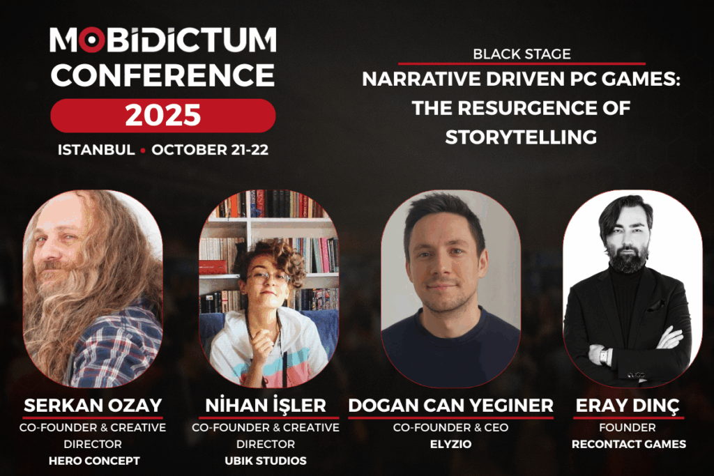 mobidictum conference 2025 logo on top left, on its right its the session title: Narrative Drıven PC Games: The Resurgence of Storytelling, below these are the panelist photos: Serkan Özay from Hero Concept, Nihan İşler from Ubik Studios, Doğan Can Yeginer from ELYZIO and Eray Dinç from Recontact Games