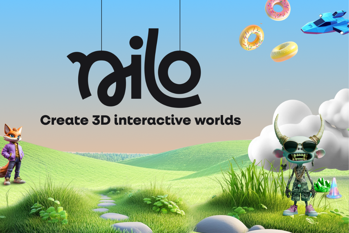 nilo logo with "create 3d interactive worlds" text, a skeleton and fox characters created in the program, standing on a green hill