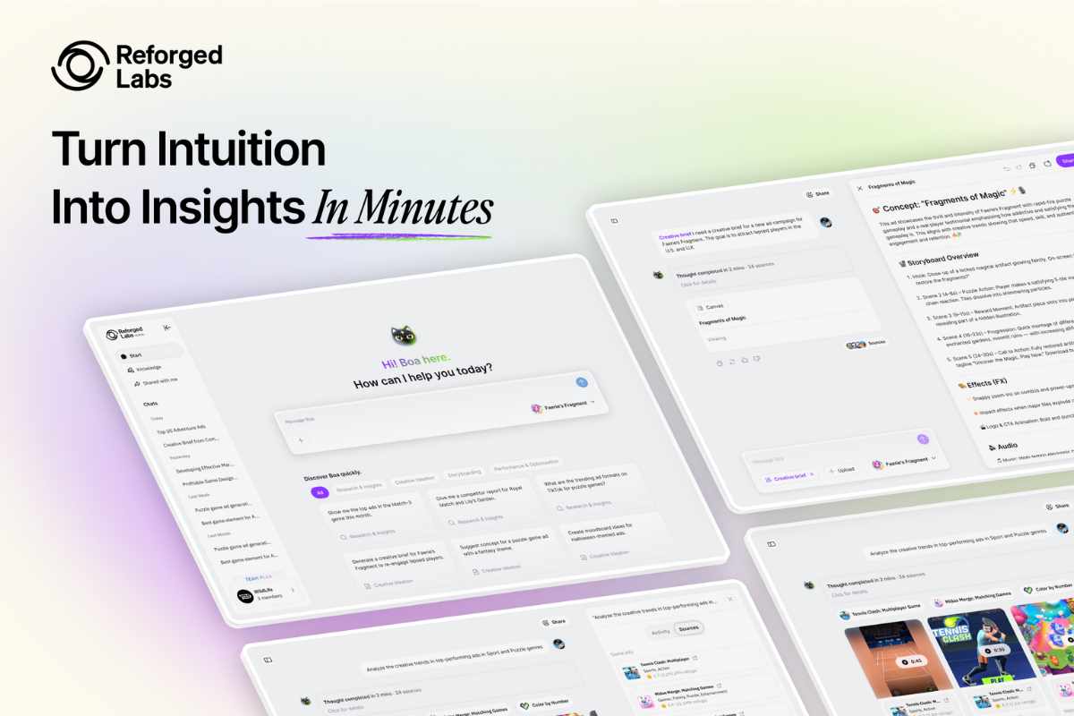 hero image for reforged lab's BOA - Logo of Reforged Labs on top left, text that says "Turn Intuition Into Insights In Minutes" and an AI bot screen