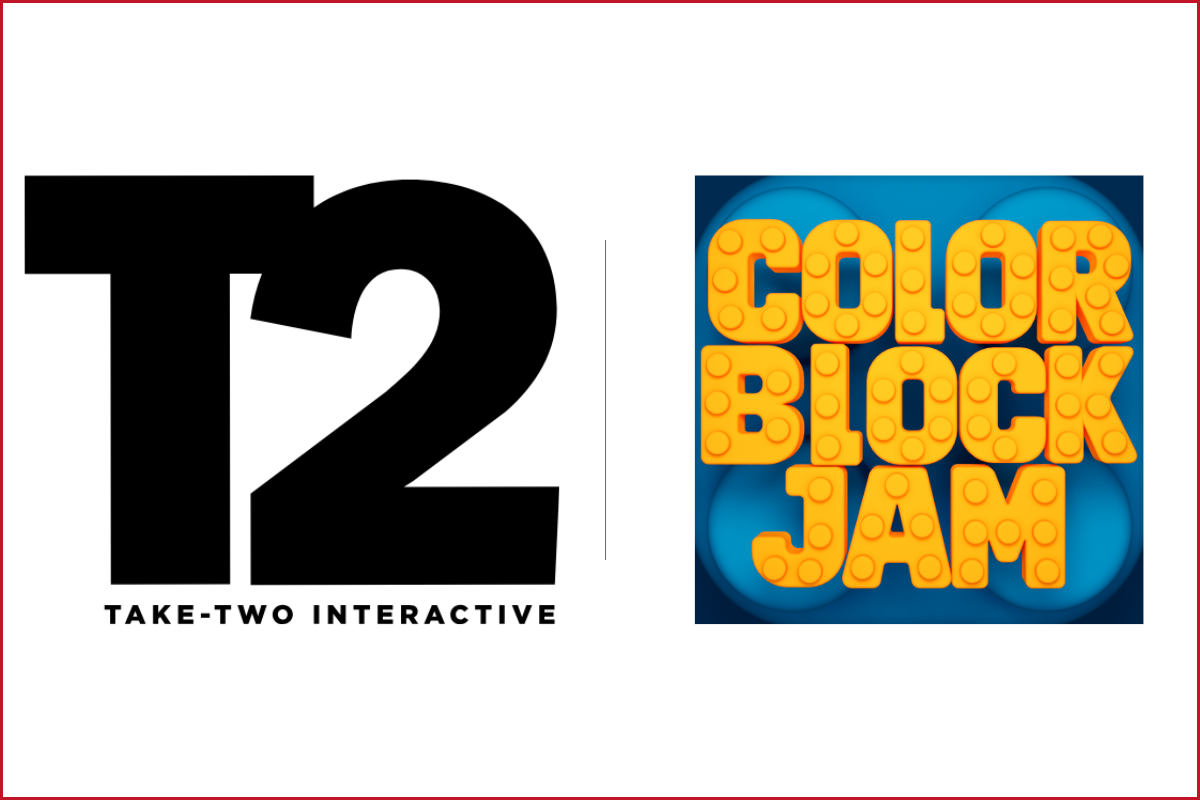 take two interactive logo on the left, color block jam game logo on the right