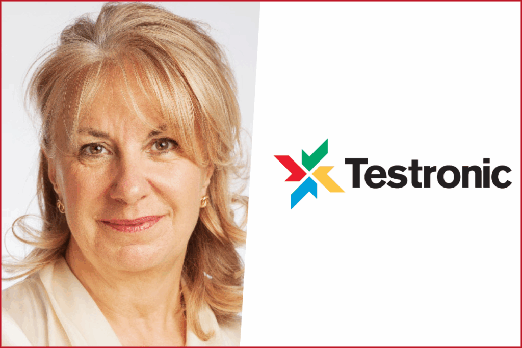 photo of sharon baylay bell on the left, logo of Testronic on the right