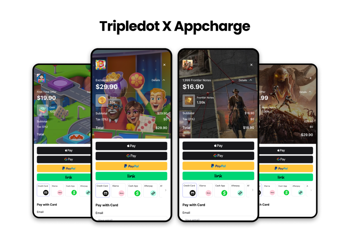 tripledot x appcharge text on top with 4 phone screens showing different games and data below