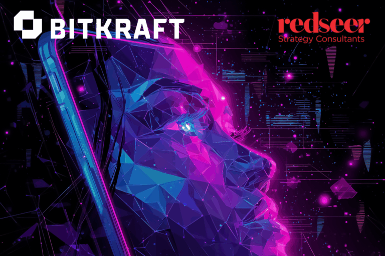 BITRKAFT and Redseer Strategy Consulstants logo on top with a robot woman's face coming out of a phone screen in a purple and blue color tones