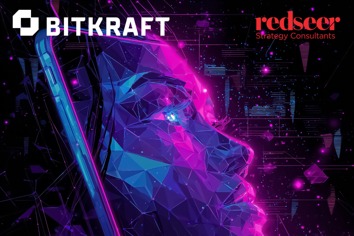 BITRKAFT and Redseer Strategy Consulstants logo on top with a robot woman's face coming out of a phone screen in a purple and blue color tones
