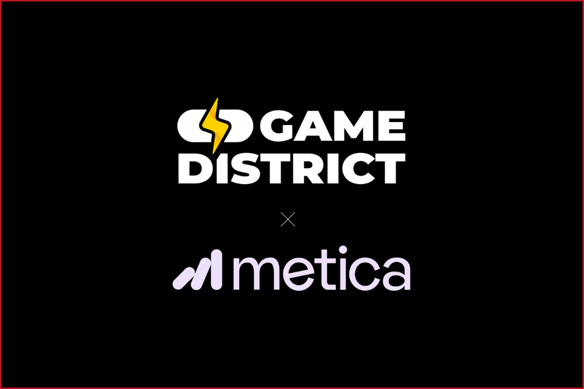 game district logo on top, metica logo on bottom