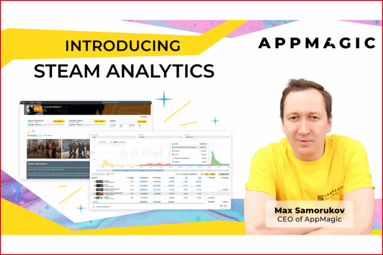 AppMagic logo and ceo max samorukov photo on the right side, "Introducing Steam Analytics" text on the left side with screenshots from AppMagic data tool (spreadsheets)
