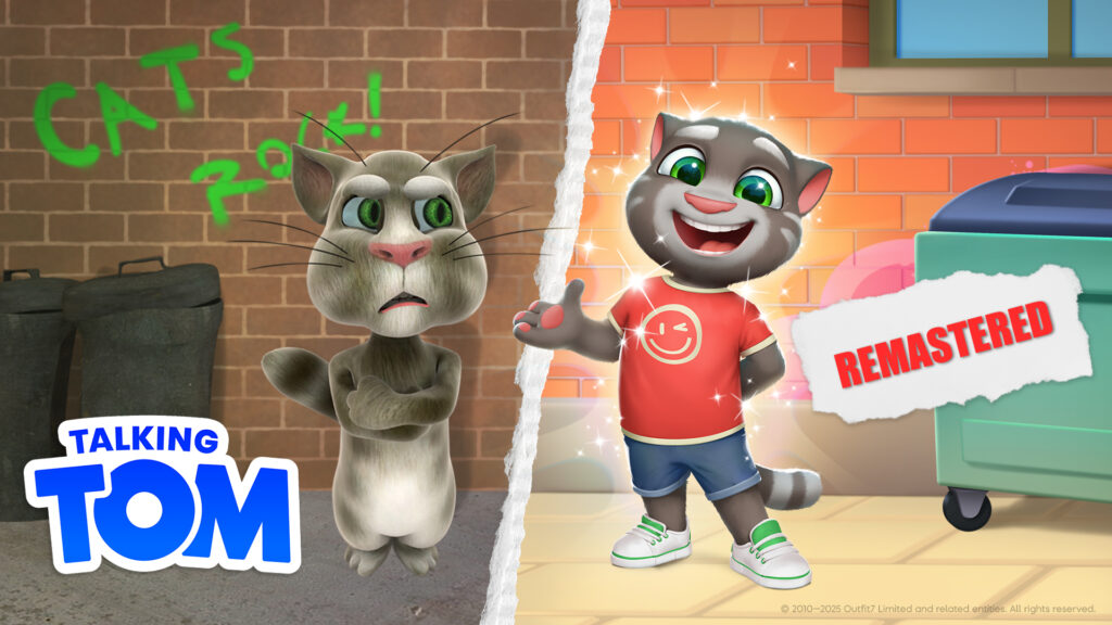 Talking Tom Cat Remastered cover art. On the left the old version and on the right the remastered version from the game