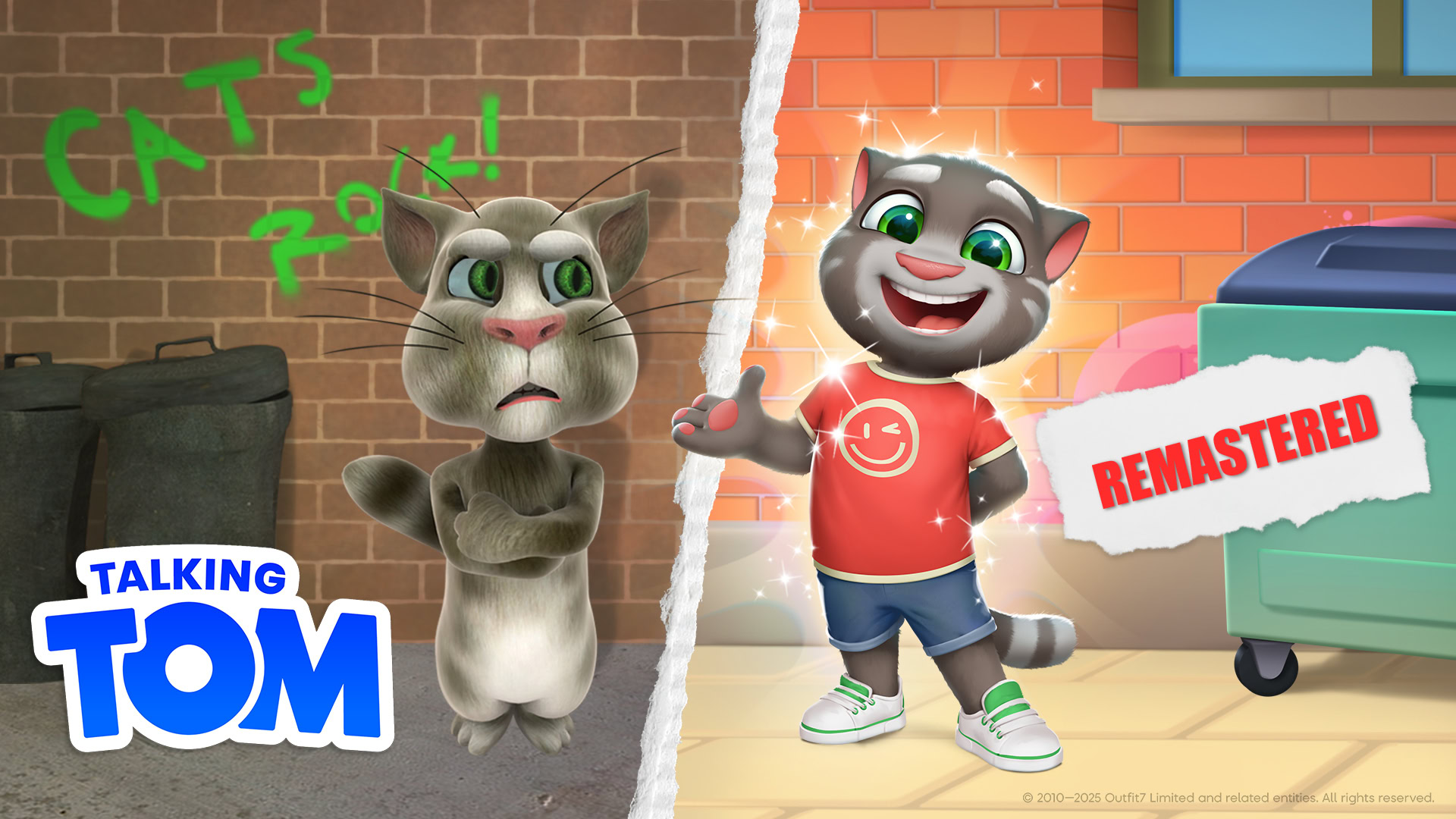Talking Tom Cat Remastered cover art. On the left the old version and on the right the remastered version from the game
