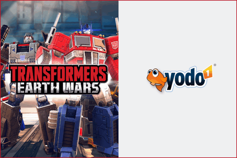 transformers: earth wars game art on the left, yodo1 studio logo on the left