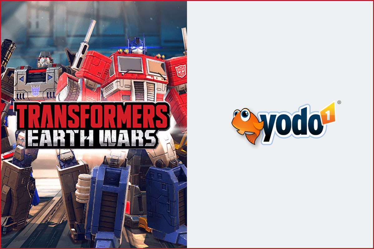 transformers: earth wars game art on the left, yodo1 studio logo on the left