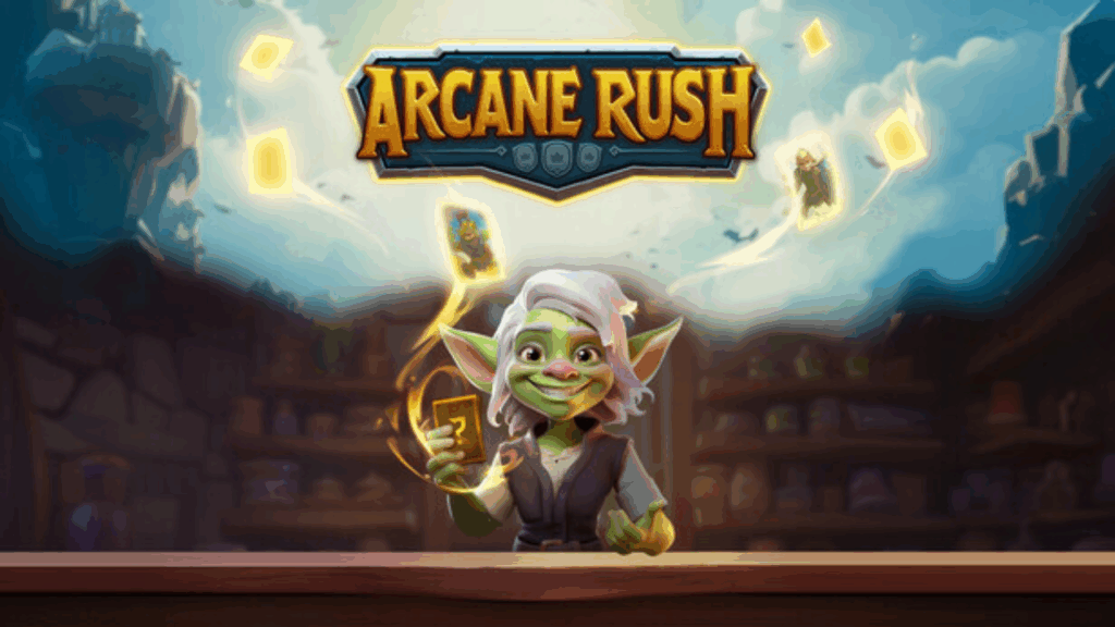 Cover art for Gear Games' Arcane Rush: a female goblin character holding a golden card and smiling