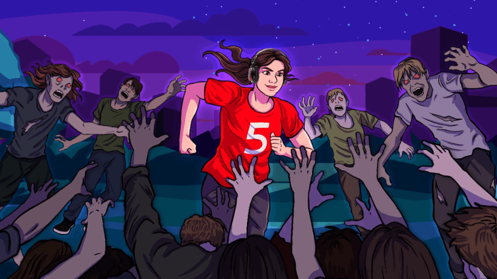 Cover art for Naomi Alderman's game Zombie's Run!. A woman is running with a red t-shirt with a 5 number on it and bunch of zombies chasing her