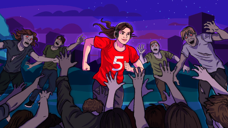 Cover art for Naomi Alderman's game Zombie's Run!. A woman is running with a red t-shirt with a 5 number on it and bunch of zombies chasing her