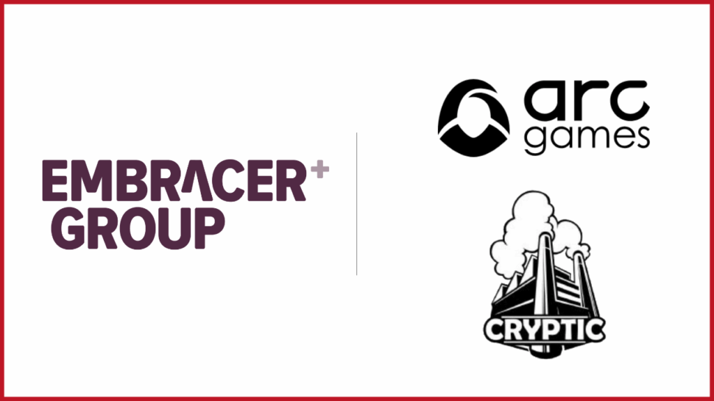 embracer group logo on the left, arc games and cryptic studios logos on the right