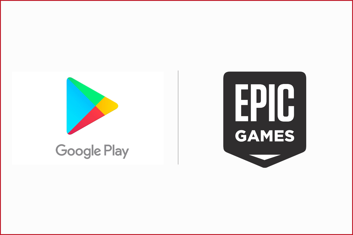 google play store logo on the left, epic games logo on the right