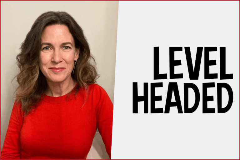 leah hoyer photo on the left, level headed games studio logo on the right