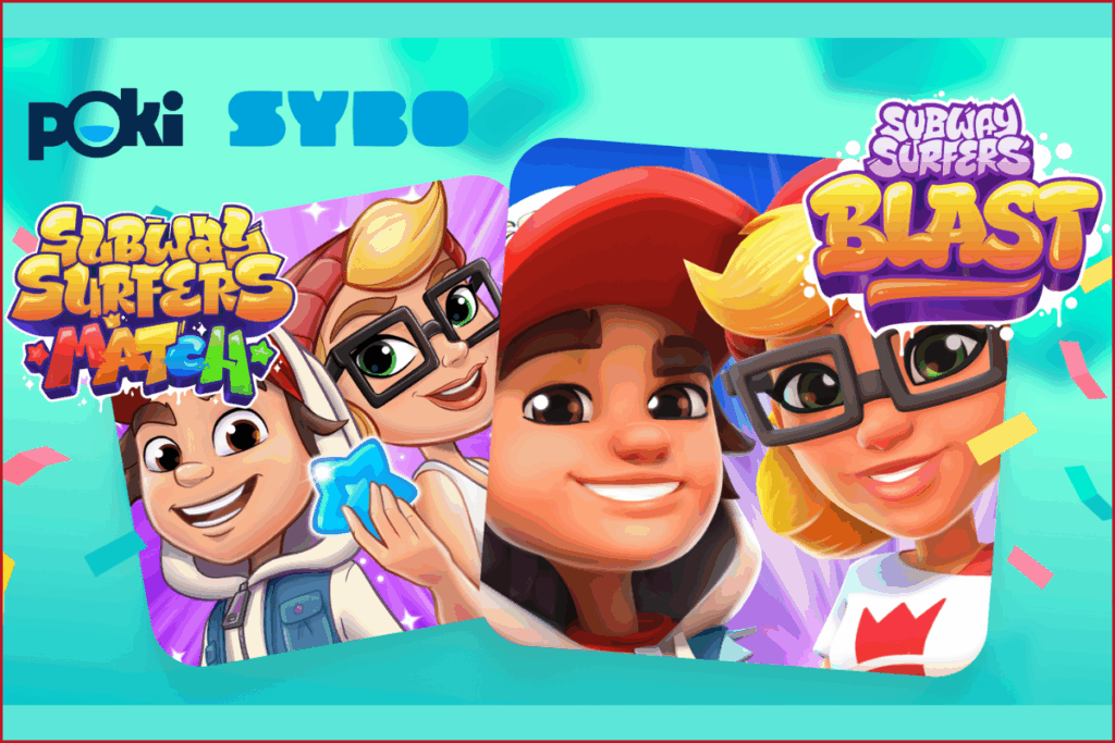 subway surfers match and subway surfers blast game cover arts with poki and SYBO logos on top