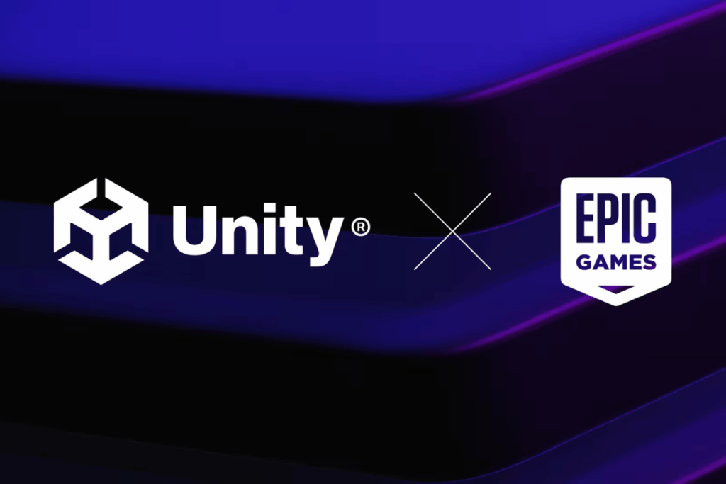 unity logo on the left, x icon in the middle and epic games logo on the right