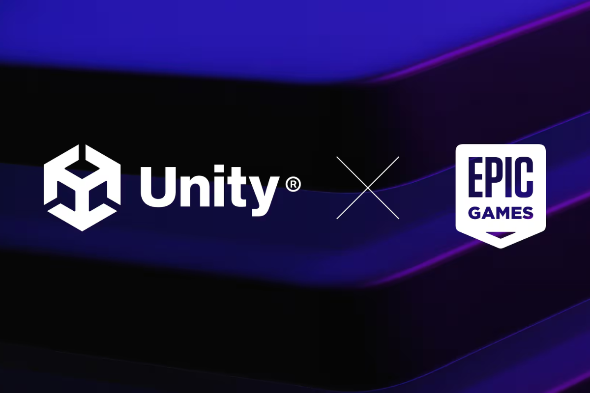unity logo on the left, x icon in the middle and epic games logo on the right