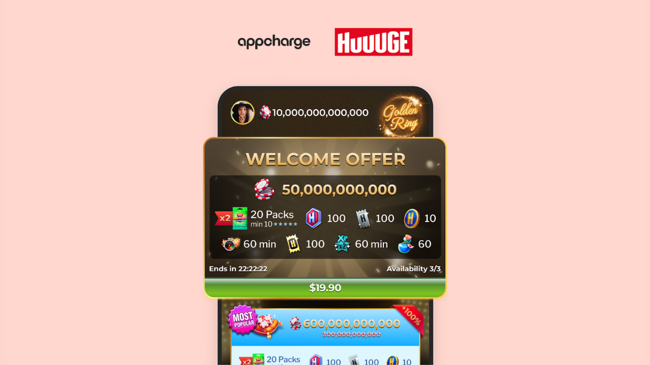 Appcharge and Huuuge Logos on top, and a phone screen with casino game in it.