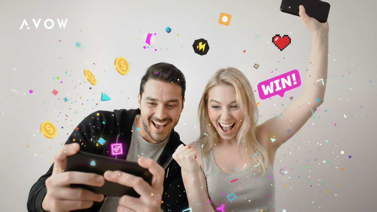 2026 Advertising Trends article from AVOW features a man and a woman celebrating in front of a camera