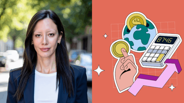 Sol tarafta Başak Zerman'ın fotoğrafı, sağ tarafta finans uygulamarını temsil eden bir illüstrasyon