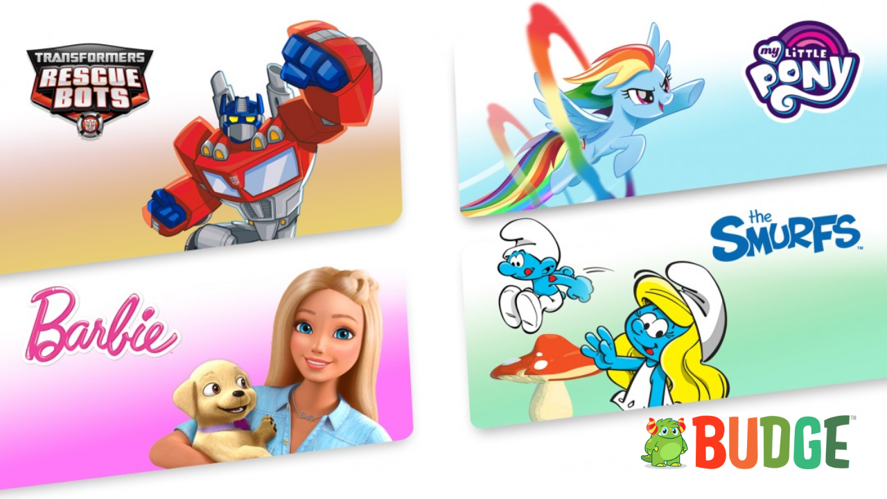 Game cover arts from Budge Studios portfolio such as My Little Pony, Smurtfs, Barbie and Transformers and logo of Budge Studios