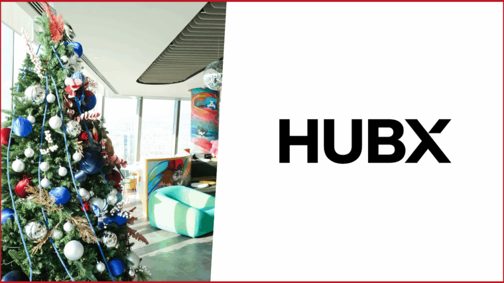 sol tarafta HubX İstanbul ofisinden bir fotoğraf, sağ tarafta Hubx logosu