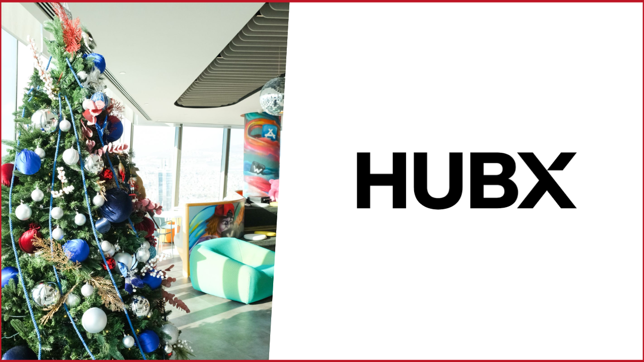 sol tarafta HubX İstanbul ofisinden bir fotoğraf, sağ tarafta Hubx logosu