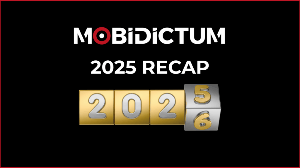 mobidictum logo on top, 2025 recap on bottom of it and an illustration of 2025 slot machine like going into 2026