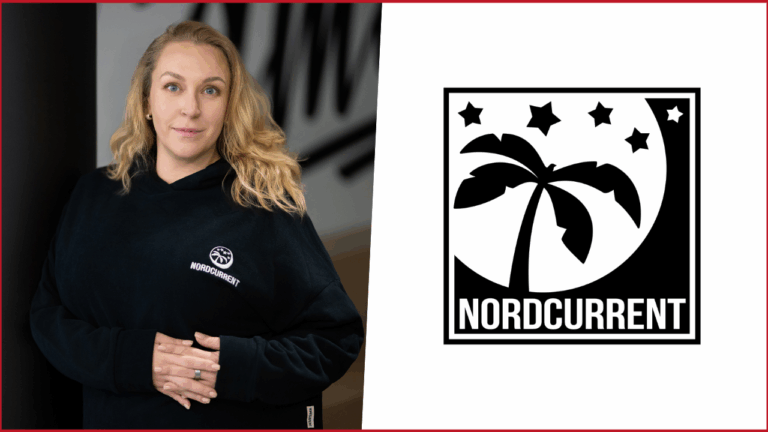 photo of ada mockute jaime on the left, logo of nordcurrent on the right