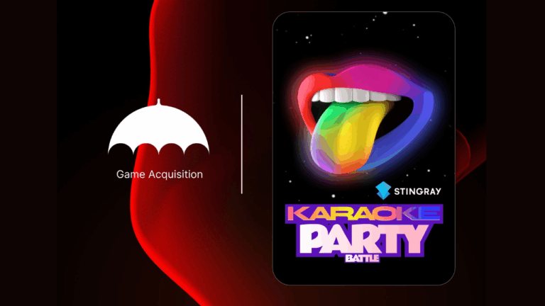 Karaoke Party and Stingray logo on the left, game acquisition text and Little Umbrella logo on left