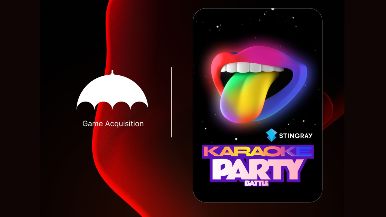 Karaoke Party and Stingray logo on the left, game acquisition text and Little Umbrella logo on left