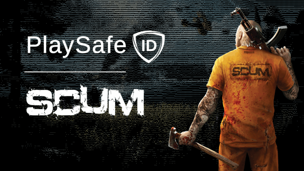 PlaySafe ID and SCUM logos and a prison escape suited character