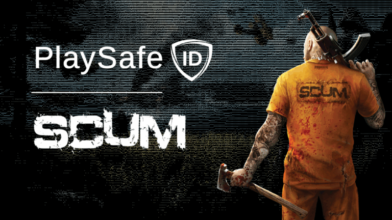 PlaySafe ID and SCUM logos and a prison escape suited character