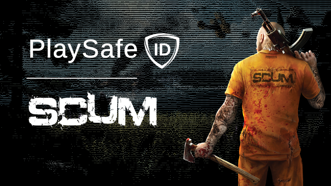 PlaySafe ID and SCUM logos and a prison escape suited character